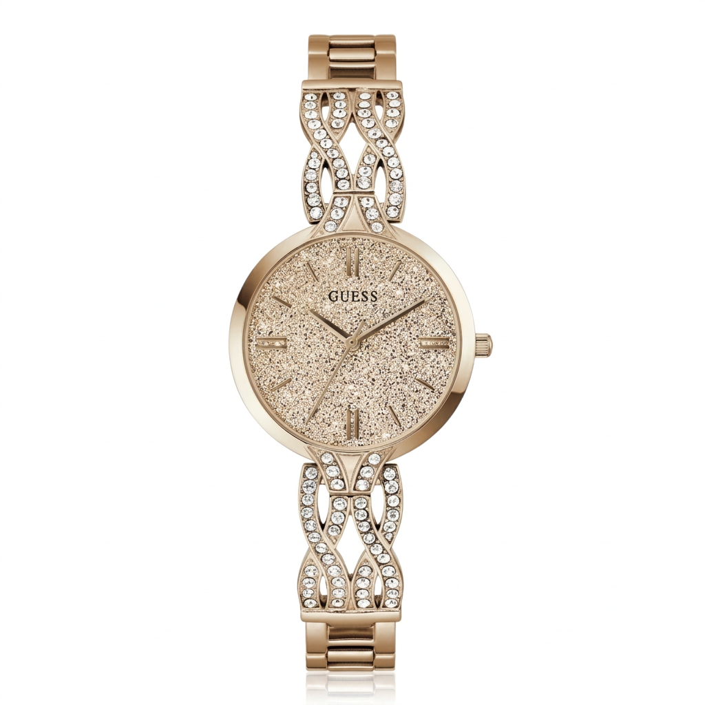 Guess Women's 32mm Coral Quartz Crystal Accented Glitter Dial Bracelet Watch