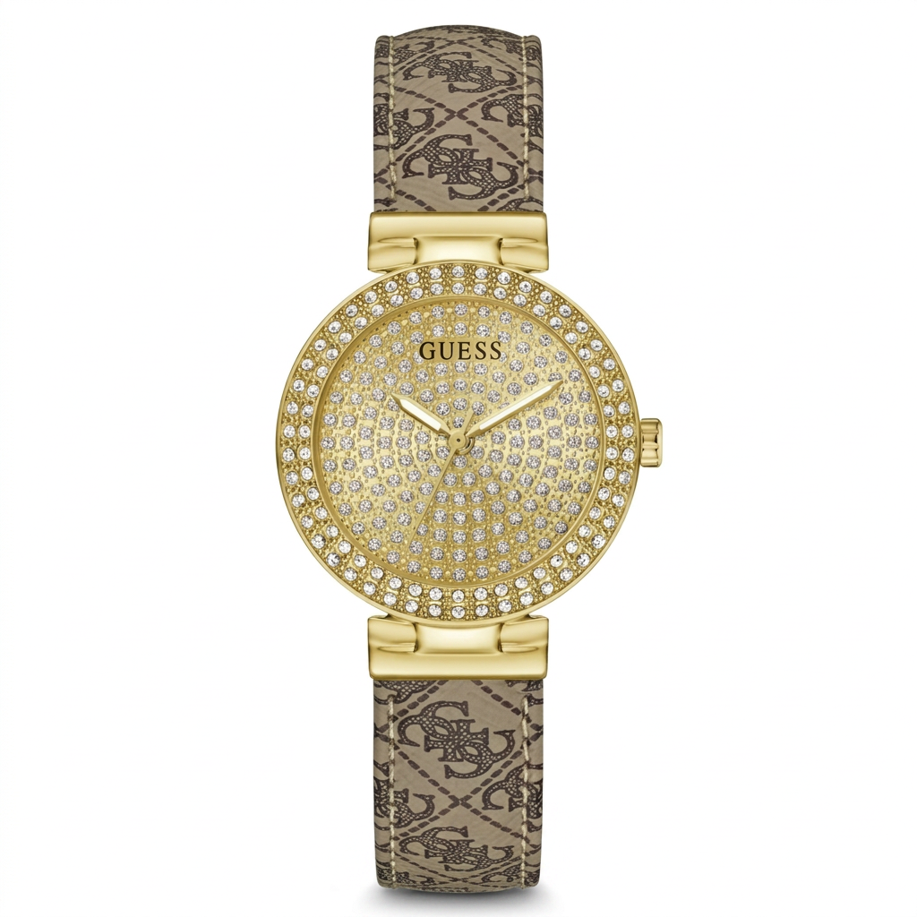 Guess Women's 32mm Glitz Plaque Quartz Crystal Pave Logo Leather Strap Watch