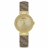 Guess Women's 32mm Glitz Plaque Quartz Crystal Pave Logo Leather Strap Watch