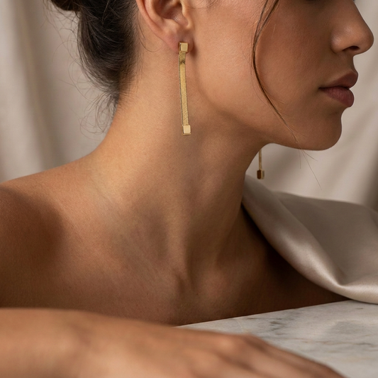 14K Italian Gold 1.5" Herringbone Dangle Earrings