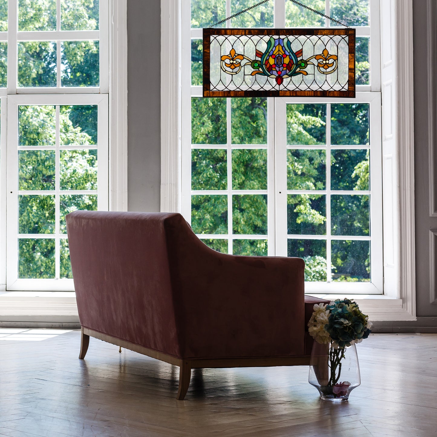 Tiffany-Style Lighting 30" Amber Multi Fleur De Lis Stained Glass Pub Window Panel