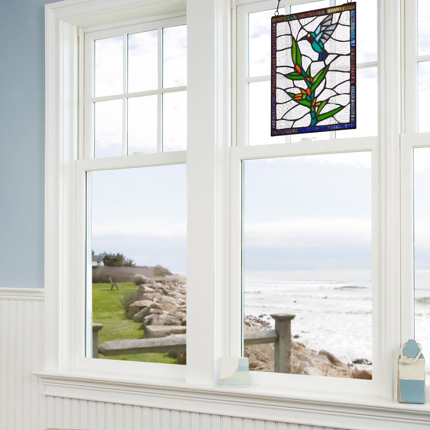 Tiffany-Style Lighting 10" Happy Hummingbird Stained Glass Window Panel
