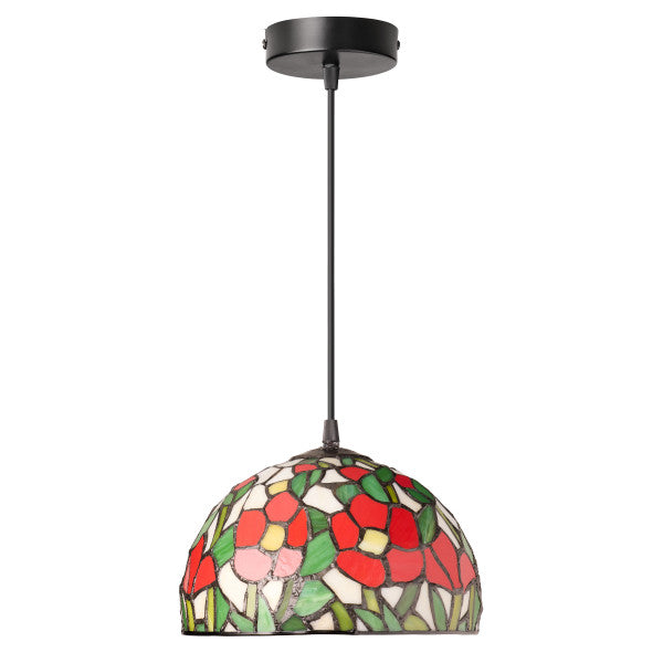 Tiffany-Style Lighting Genevieve Adjustable Height Red Flowers Stained Glass Hanging Pendant Light