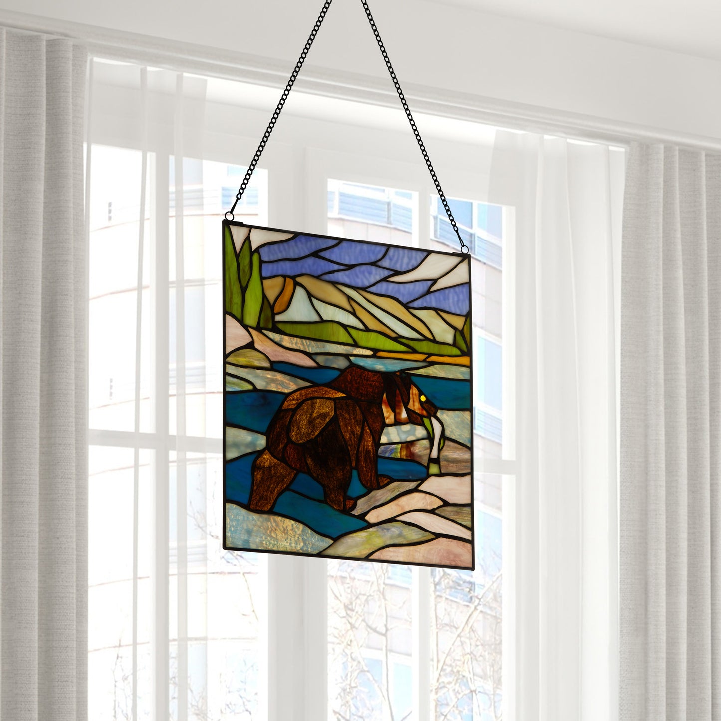 Tiffany-Style Lighting 14" Bear Stained Glass Window Panel