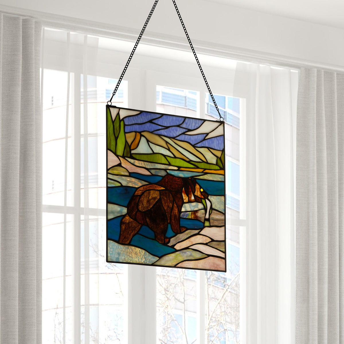 Tiffany-Style Lighting 14" Bear Stained Glass Window Panel