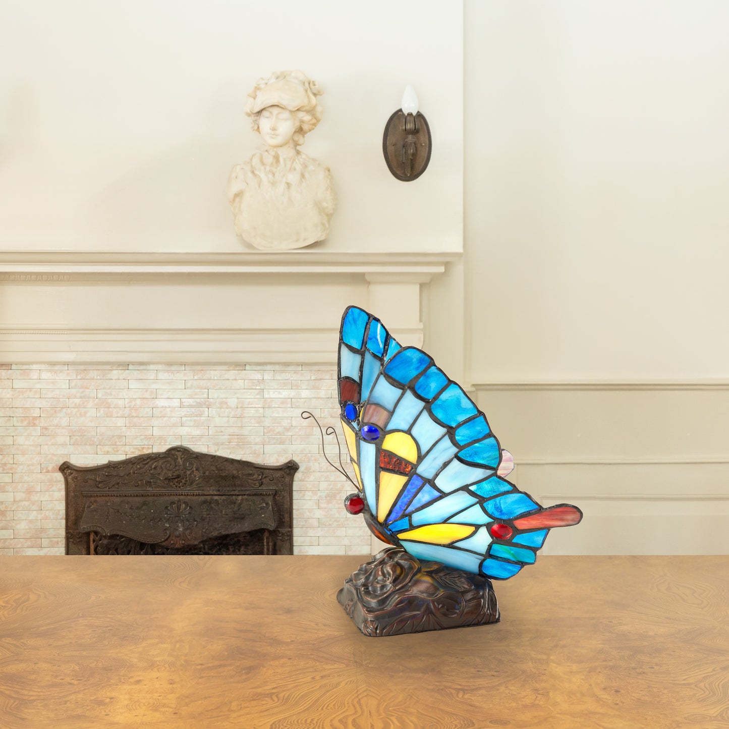 Tiffany-Style Lighting 9" Stained Glass Flying Butterfly Accent Lamp