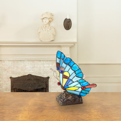 Tiffany-Style Lighting 9" Stained Glass Flying Butterfly Accent Lamp