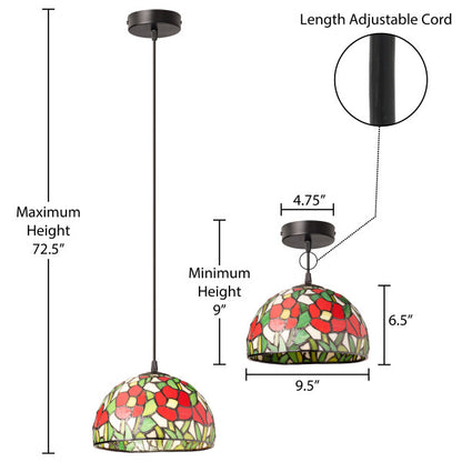 Tiffany-Style Lighting Genevieve Adjustable Height Red Flowers Stained Glass Hanging Pendant Light