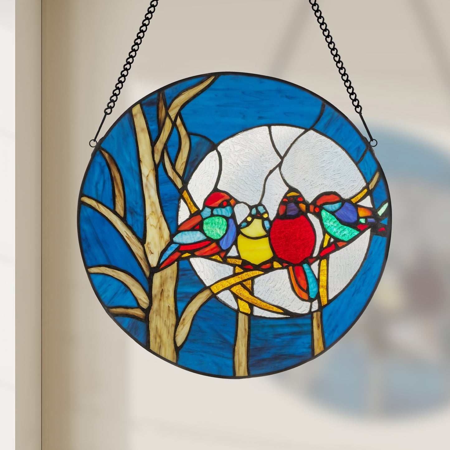 Tiffany-Style Lighting 16" Birds in the Night Sky Round Stained Glass Window Panel