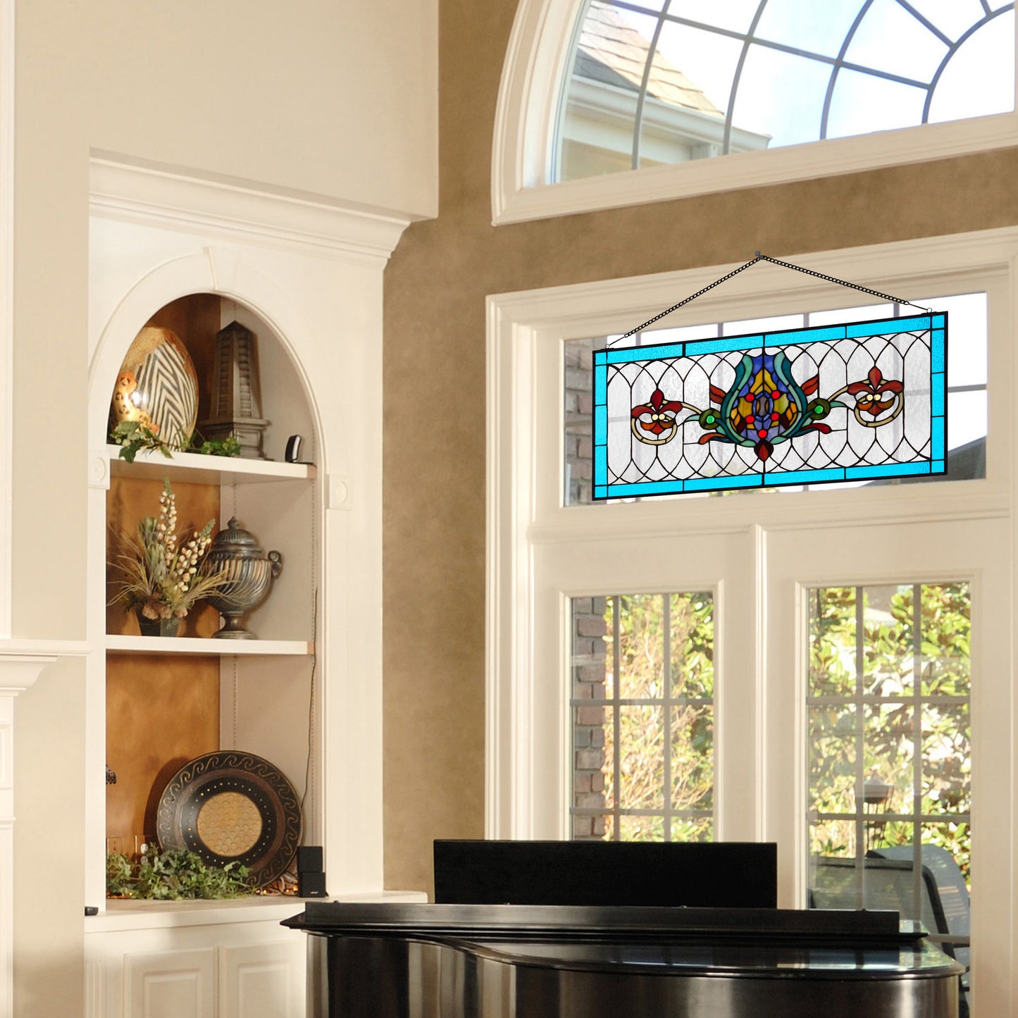 Tiffany-Style Lighting 30" Blue Multi Fleur De Lis Stained Glass Pub Window Panel