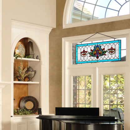 Tiffany-Style Lighting 30" Blue Multi Fleur De Lis Stained Glass Pub Window Panel
