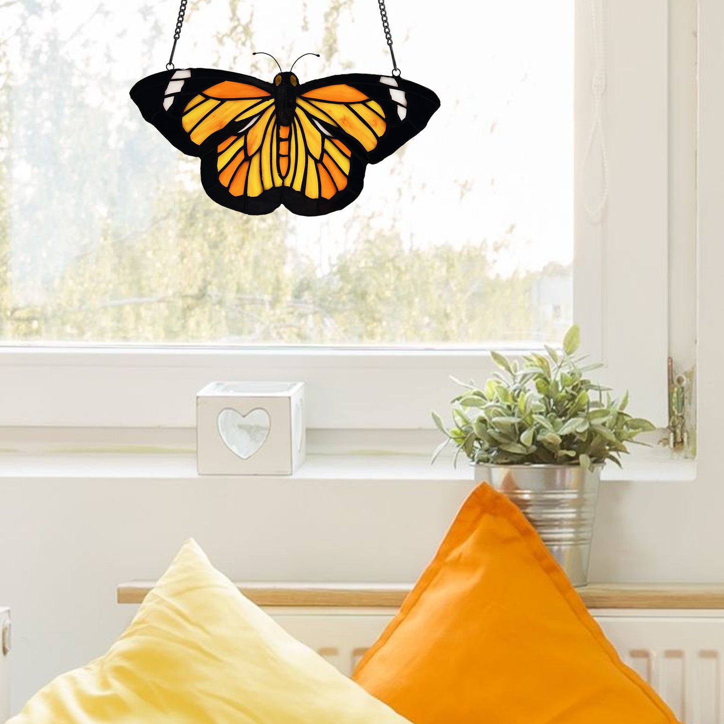 Tiffany-Style Lighting 6.5" Yellow and Orange Butterfly Stained Glass Window Panel