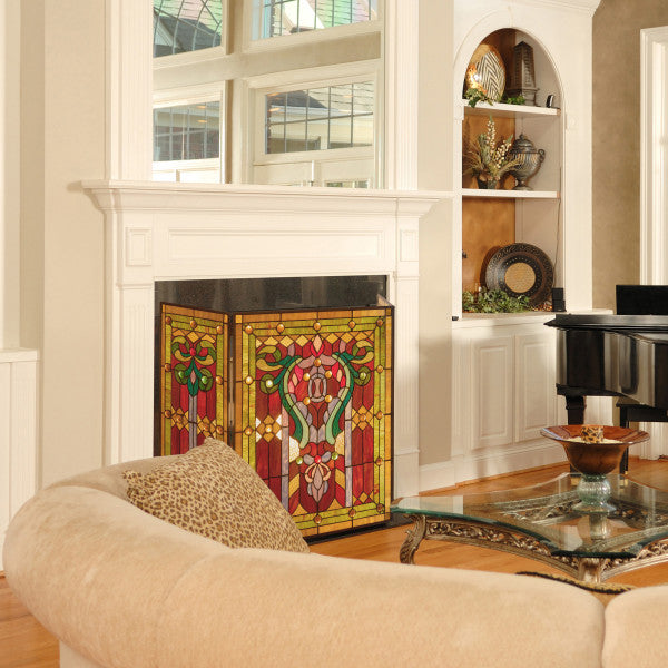 Tiffany-Style Lighting 28" Fleur de Lis Stained Glass Fireplace Screen