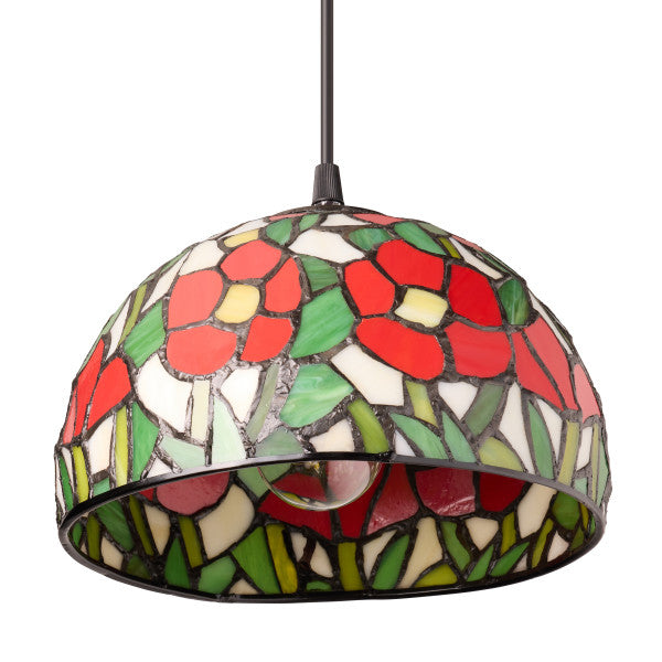 Tiffany-Style Lighting Genevieve Adjustable Height Red Flowers Stained Glass Hanging Pendant Light