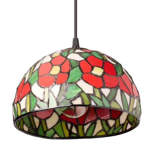 Tiffany-Style Lighting Genevieve Adjustable Height Red Flowers Stained Glass Hanging Pendant Light
