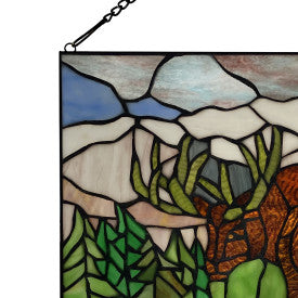 Tiffany-Style Lighting 12" Moose in Moutainscape Stained Glass Window Panel