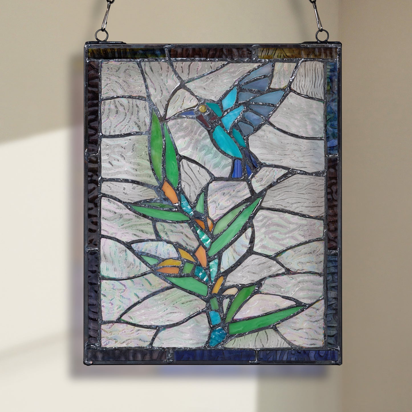 Tiffany-Style Lighting 10" Happy Hummingbird Stained Glass Window Panel