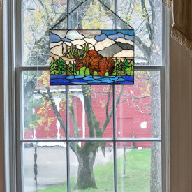 Tiffany-Style Lighting 12" Moose in Moutainscape Stained Glass Window Panel
