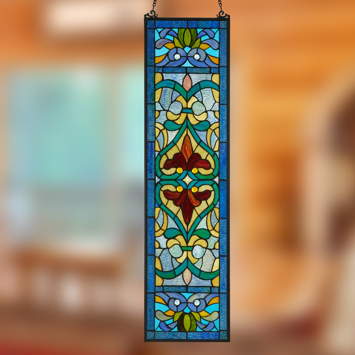 Tiffany-Style Lighting 36" Victorian Stained Glass Fleur De Lis Window Panel
