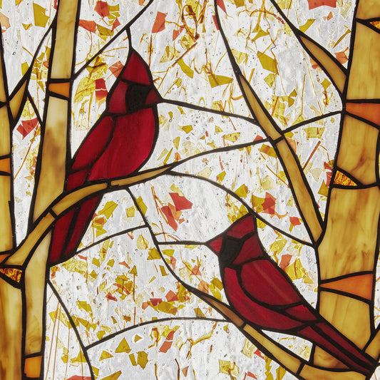 Tiffany-Style Lighting 14" Eden Red Cardinals in Autumn Stained Glass Window Panel