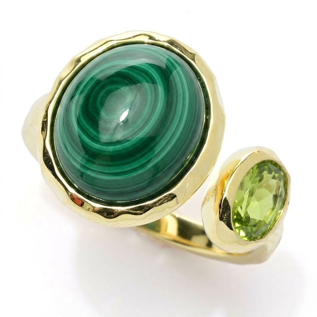 18K Gold Plated Malachite & Peridot Hammered Open Ring