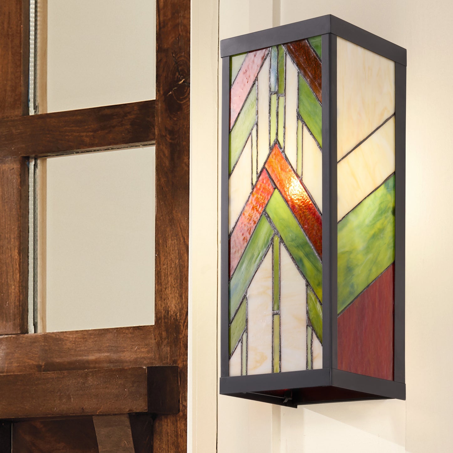 Tiffany-Style Lighting Green Stained Glass and Black Satin Rectangular 1-Light Outdoor Wall Sconce