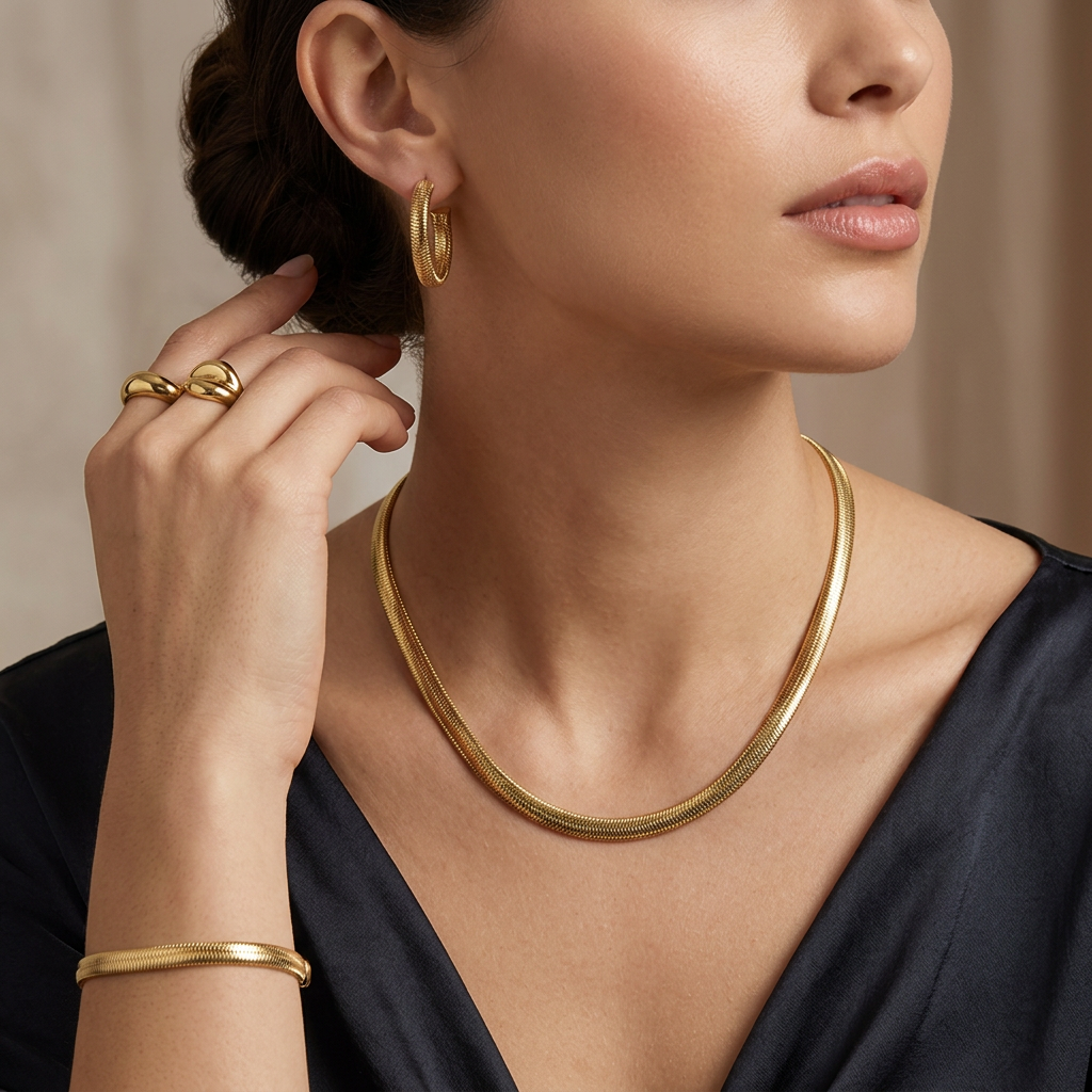 A close-up lifestyle shot of a model wearing a gold snake chain necklace, matching gold hoop earrings, and a gold bangle bracelet, paired with a dark navy satin top.