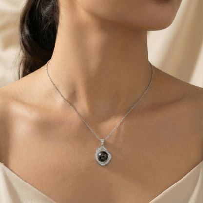TRYNDI Rhodium Plated 11-12mm Tahitian Black Pearl Swarovski Crystal Circle Necklace