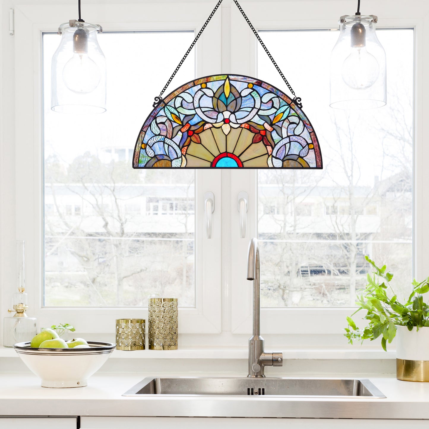 Tiffany-Style Lighting 11" Victorian Corista Half-Moon Stained Glass Window Panel