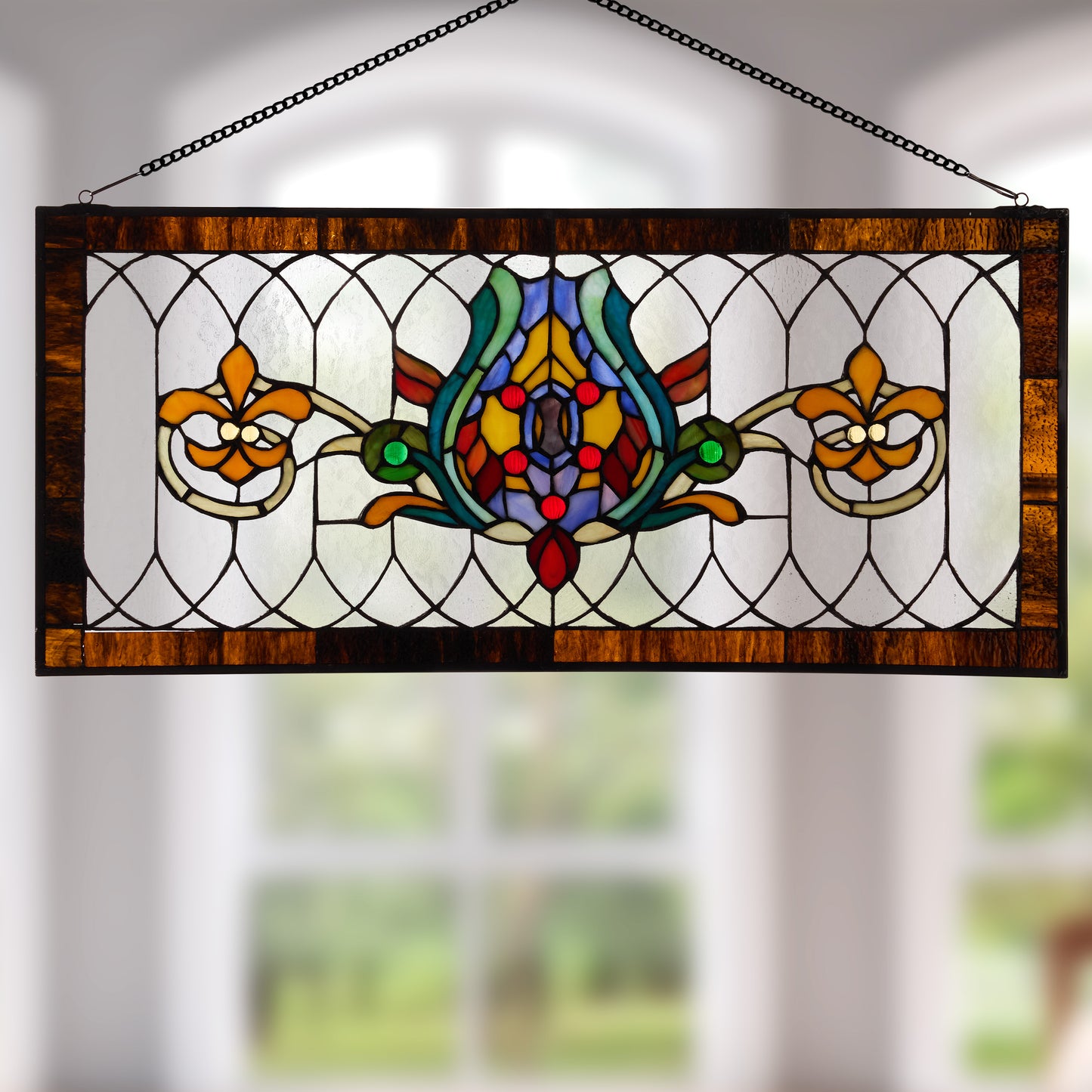 Tiffany-Style Lighting 30" Amber Multi Fleur De Lis Stained Glass Pub Window Panel
