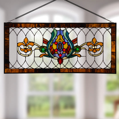 Tiffany-Style Lighting 30" Amber Multi Fleur De Lis Stained Glass Pub Window Panel