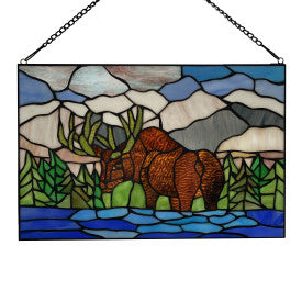 Tiffany-Style Lighting 12" Moose in Moutainscape Stained Glass Window Panel