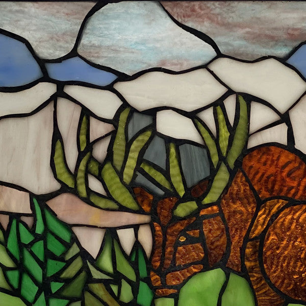 Tiffany-Style Lighting 12" Moose in Moutainscape Stained Glass Window Panel