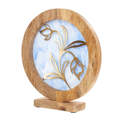 Tiffany-Style Lighting 14" Round Decorative Stained Glass & Metal Stand with Wood Frame