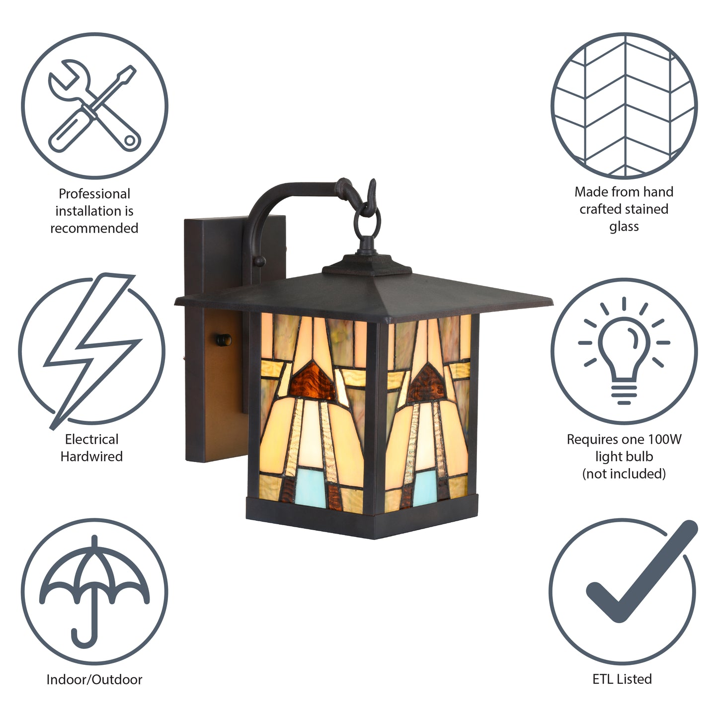 Tiffany-Style Lighting Natural Stained Glass and Oil Rubbed Bronze 1-Light Outdoor Lantern Wall Sconce