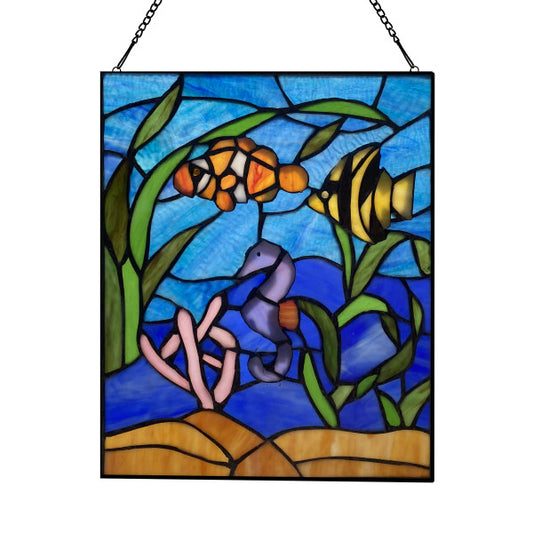 Tiffany-Style Lighting 14" Underwater Ocean Scene Stained Glass Window Panel