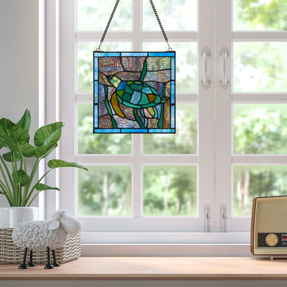 Tiffany-Style Lighting 10.5" Tommy the Green Sea Turtle Stained Glass Window Panel