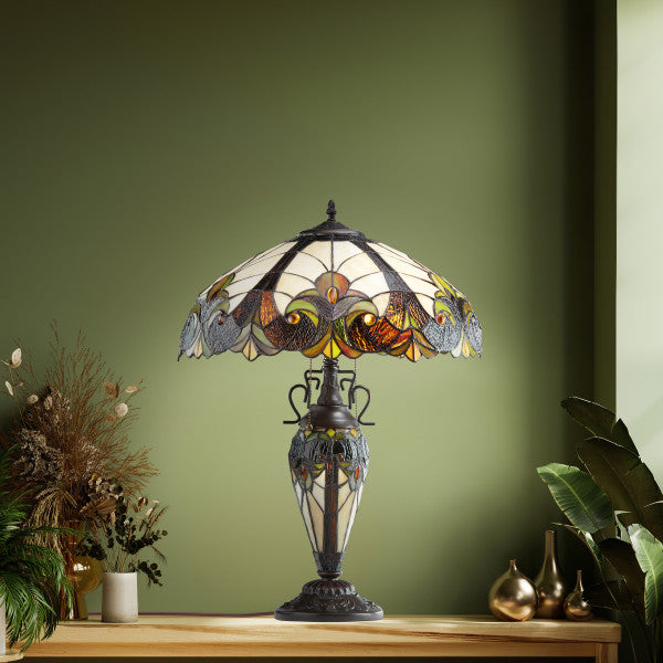Tiffany-Style Lighting 24.5 Halston Amber Double Lit Stained Glass Urn Table Lamp