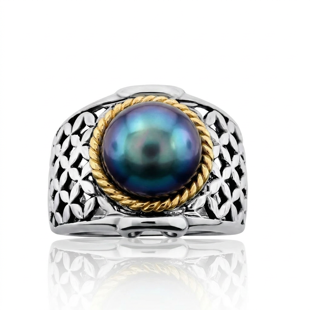 Belle Artique Sterling Silver 10mm Round Opaque Gemstone Basket Weave Ring