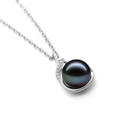 TRYNDI Rhodium Plated 11-12mm Tahitian Black Pearl Swarovski Crystal Necklace