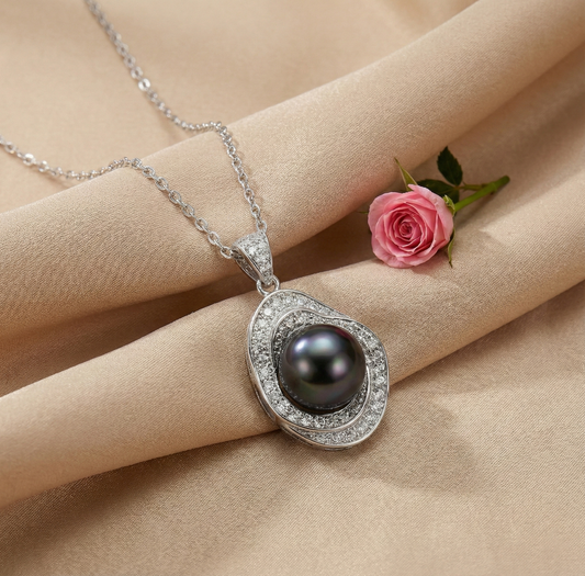TRYNDI Rhodium Plated 11-12mm Tahitian Black Pearl Swarovski Crystal Circle Necklace