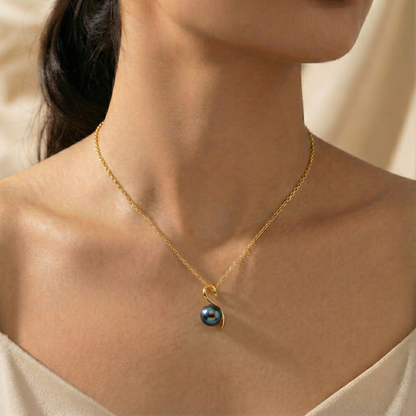 TRYNDI 18K Gold Plated 11-12mm Tahitian Black Pearl Swarovski Crystal Twist Necklace