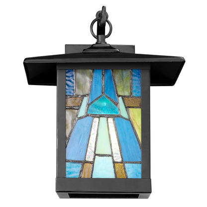 Tiffany-Style Lighting Aqua and Amber Stained Glass 1-Light Outdoor Lantern Wall Sconce