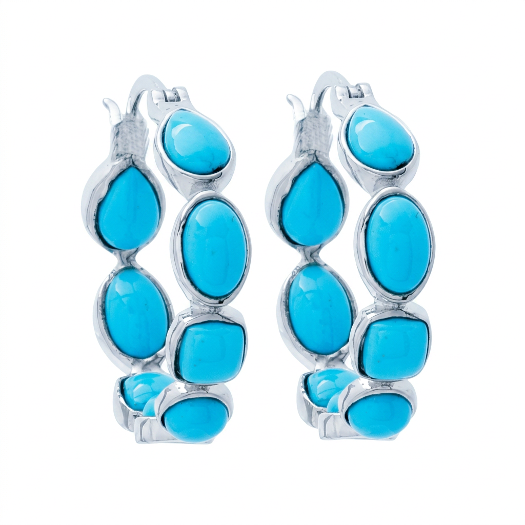 Platinum Plated Multi-Shape Sleeping Beauty Turquoise Hoop Earrings