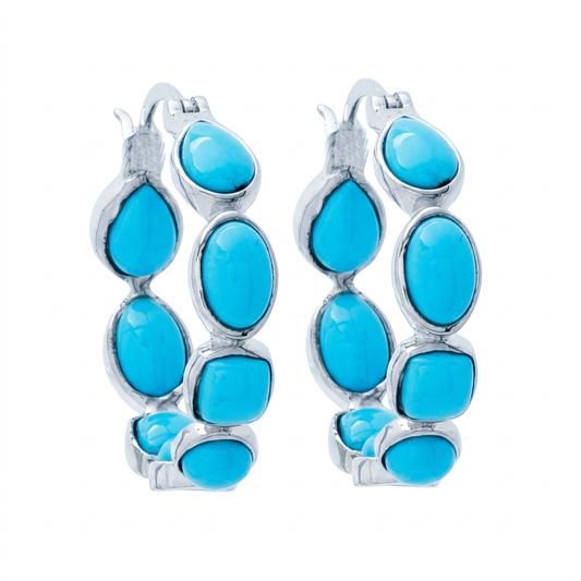 Platinum Plated Multi-Shape Sleeping Beauty Turquoise Hoop Earrings