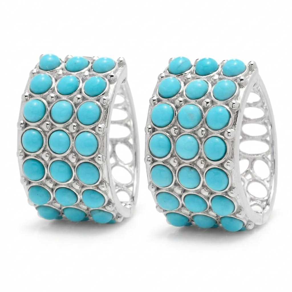 Platinum Plated Sleeping Beauty Turquoise Triple Row Huggie Hoop Earrings