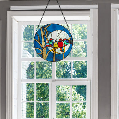 Tiffany-Style Lighting 16" Birds in the Night Sky Round Stained Glass Window Panel