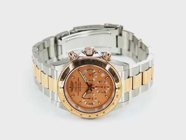 Load video: Invicta Men's 39mm Speedway Quartz Chronograph Two-Tone Rose &amp; Silver Bracelet Watch