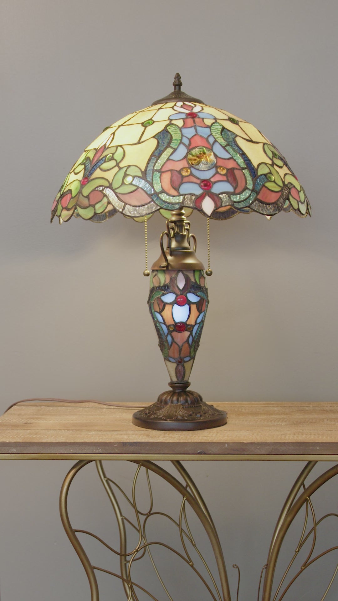 Load video: Tiffany-Style Lighting 24" Margaret Double Lit Stained Glass Table Lamp