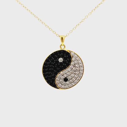 Gem Treasures 18K Gold Plated Black Spinel & White Zircon Yin-Yang Pendant with Chain